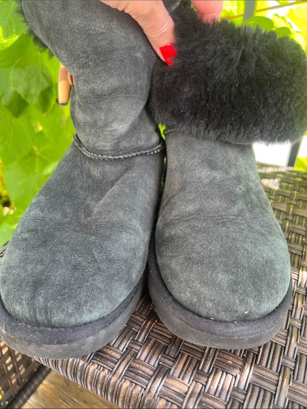 UGG Black Kelly Suede Shearling Boots with Tan Toggle - Picture 9 of 17